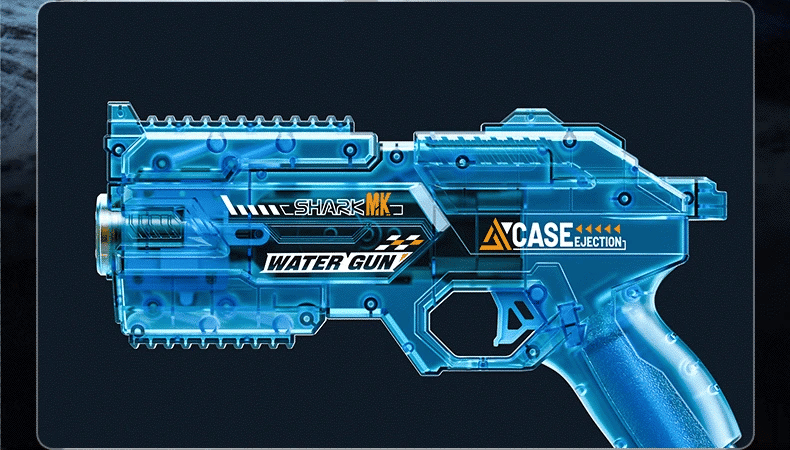 A close-up view of a blue electric water gun with a shark design and ejection mechanism.