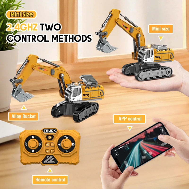 Mini size 2.4GHz two control methods for a yellow RC excavator with an alloy bucket