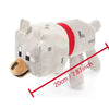 A soft gray and white stuffed wolf plush toy with a red stripe detail.