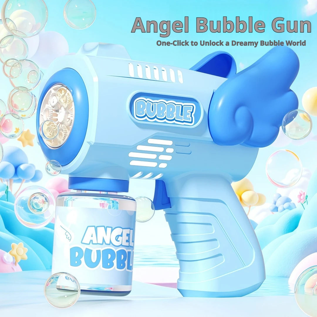A light blue electric bubble gun with a blue trigger and a bottle of liquid, surrounded by floating bubbles.