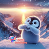 A cute penguin sits on a snowy landscape with a bright sunset background, representing an HCPP Diamond Painting kit.