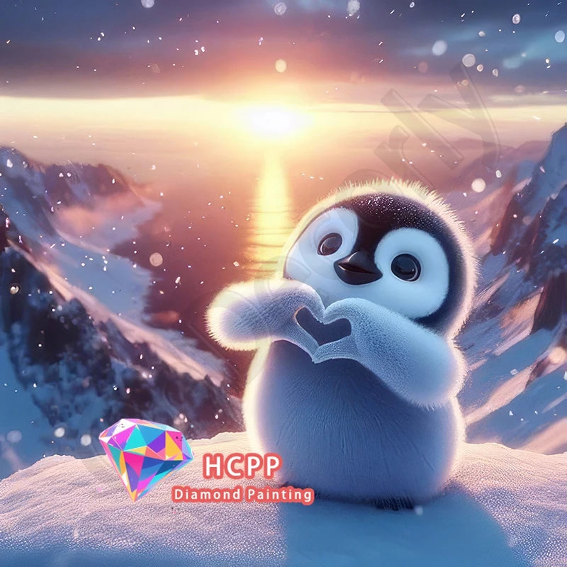 A cute penguin sits on a snowy landscape with a bright sunset background, representing an HCPP Diamond Painting kit.