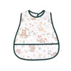 White baby bib with a green trim featuring a cartoon pattern of various woodland animals like bears and rabbits.