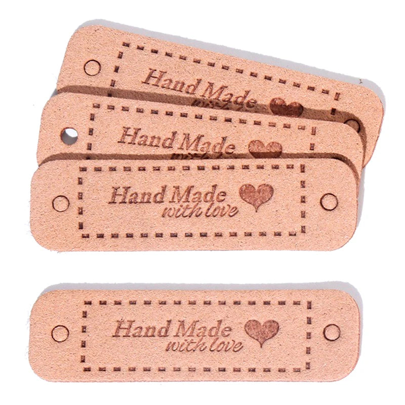 Set of 20 PU Leather "Made With Love" Sew-On Tags for Crafts and Garments