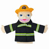 An orange-hatted plush hand puppet with a black uniform and neon yellow stripes.