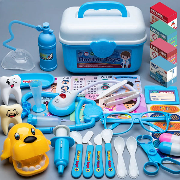 Collection de jouets de docteur incluant une trousse médicale, un stéthoscope, des bandages et divers outils en plastique pou