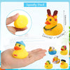A collection of assorted yellow and blue rubber ducks for kids shown in various angles.