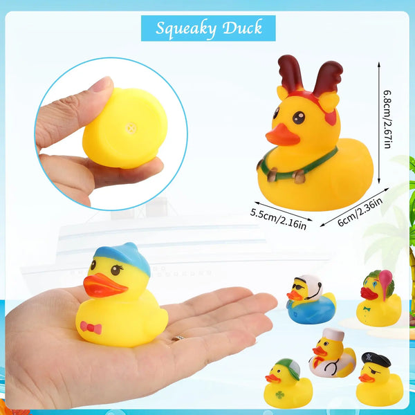 A collection of assorted yellow and blue rubber ducks for kids shown in various angles.
