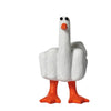 A white resin figurine of a goose with an orange beak and feet.