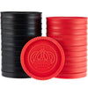 A set of black and red plastic checkers and tic tac toe game pieces displayed on a white background.