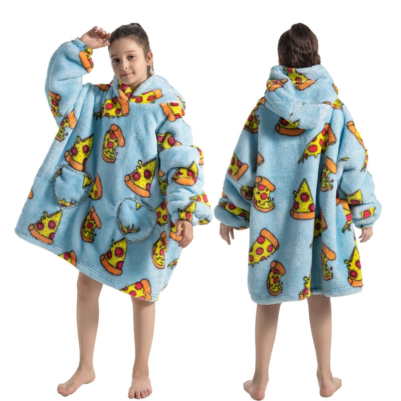 A light blue fuzzy hoodie sweater for a child featuring a colorful, repeating pattern of yellow and orange fruit designs.