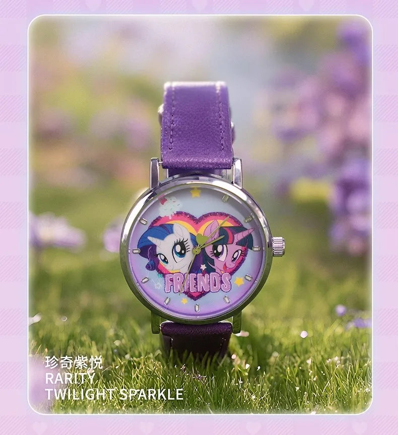 A purple watch featuring a Friends design on the face, set in a natural outdoor context.