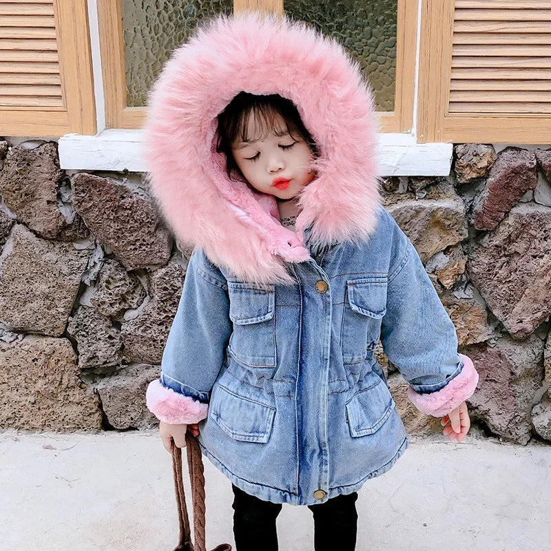 A young girl models a light blue denim jacket with a pink faux fur collar outdoors.