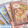 A hand holds a brown sticker book titled Miniature Scenery Material 40P featuring various miniature scene stickers.