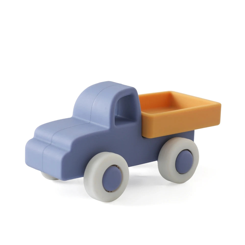 A blue and orange Montessori silicone toy car set for toddlers.