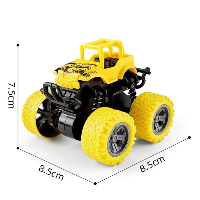 Yellow four-wheel drive stunt car with pull-back action shown from above.