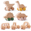 A set of wooden dinosaur toy cars for baby teethering and play