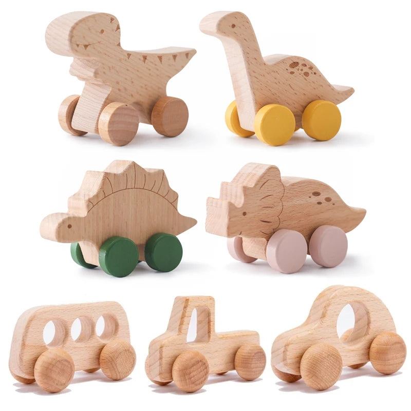 A set of wooden dinosaur toy cars for baby teethering and play