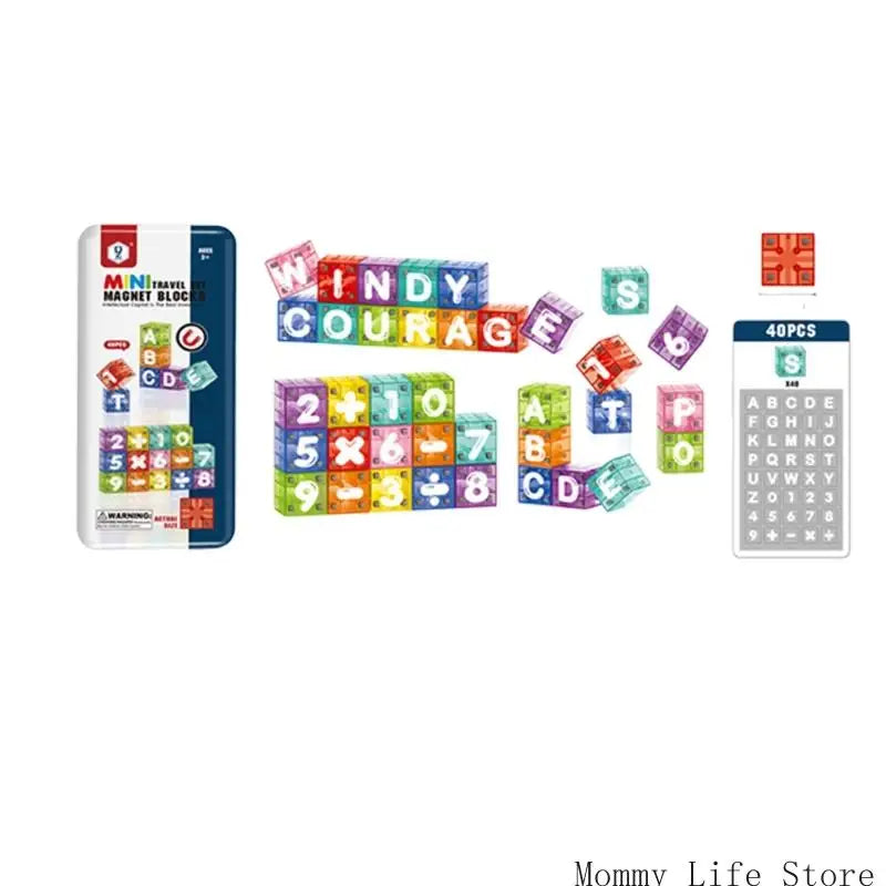 A set of magnetic letter and number blocks for toddlers featuring various colorful letters and numbers.