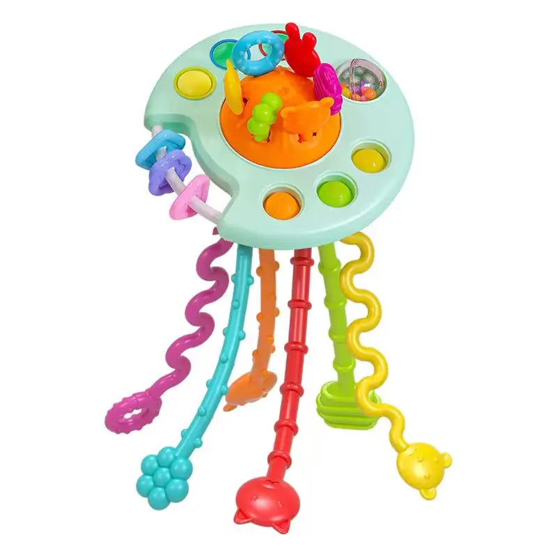 A colorful baby pull-string sensory toy with silicone teether featuring multiple buttons and dangling strings.