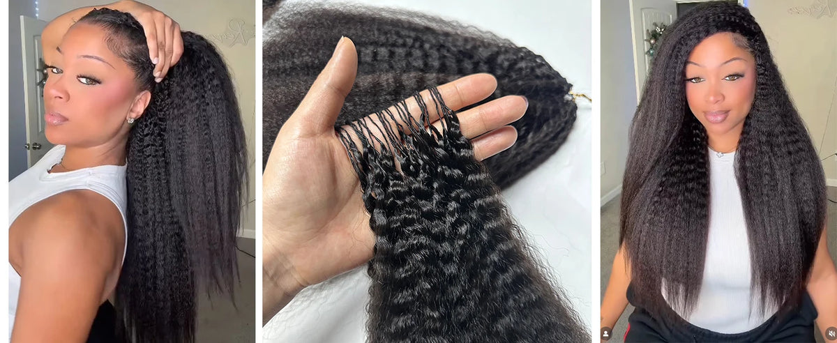 A woman models long, dark kinky straight crochet hair extensions with a natural texture.