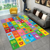 A colorful ABC alphabet cartoon kids playroom rug featuring letters and educational elements for a nursery or playroom.