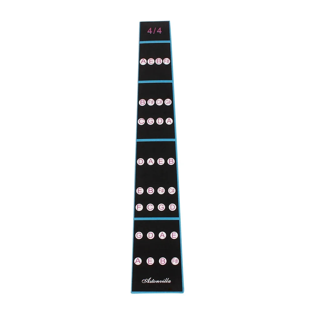 A black and blue violin fretboard note sticker showing the notes A, B, C, D, E, F, G.