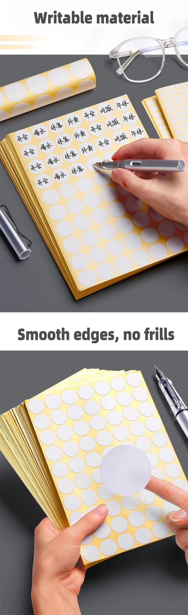 A close-up of round self-adhesive dot labels in yellow and white are shown being written on with a pen.