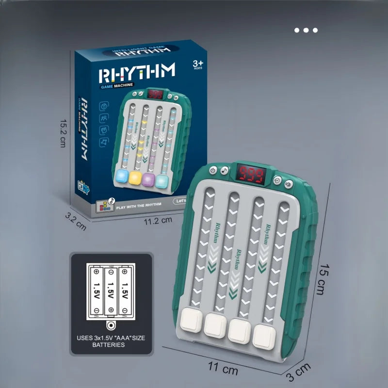 A green light-up rhythm game machine box and its disassembled components are shown on a gray background.