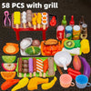 A red grill set for kids pretend play featuring various colorful toy food items like burgers fruits and vegetables
