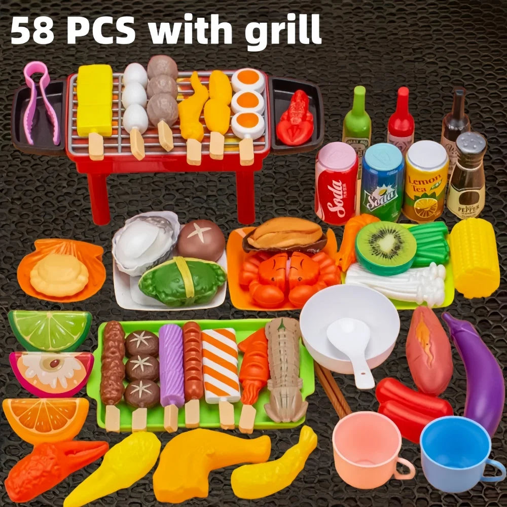 A red grill set for kids pretend play featuring various colorful toy food items like burgers fruits and vegetables