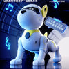 A white interactive smart robot dog with yellow accents is shown in a close-up, standing on a reflective surface.