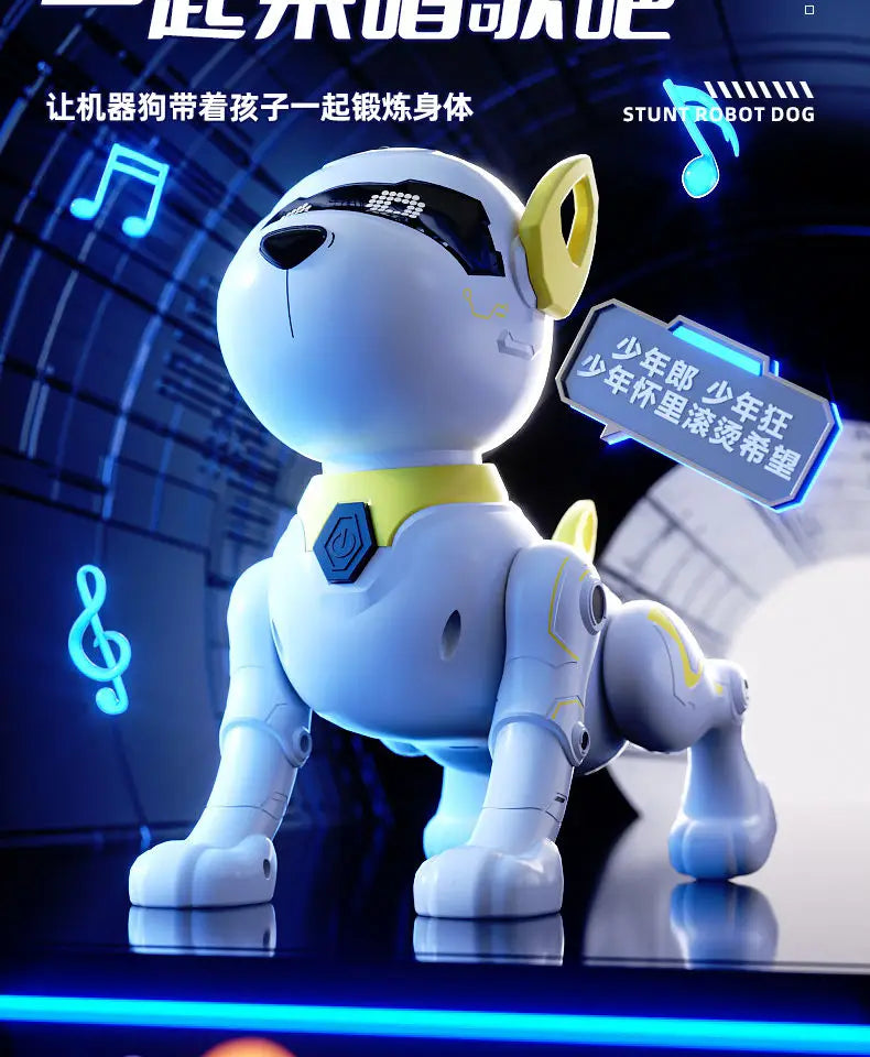 A white interactive smart robot dog with yellow accents is shown in a close-up, standing on a reflective surface.