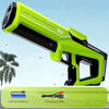 A lime green electric water blaster gun with a black grip and battery charging cable shown against a light blue background.