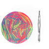 A round silicone fidget picking pad with colorful lines and a metal tweezer tool.
