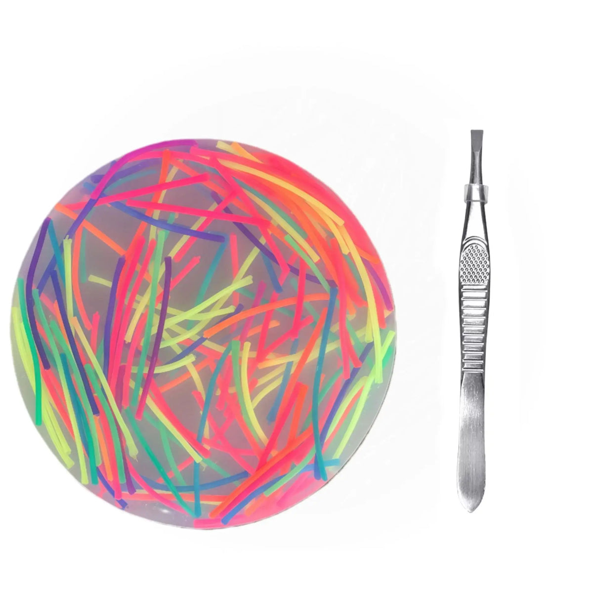 A round silicone fidget picking pad with colorful lines and a metal tweezer tool.