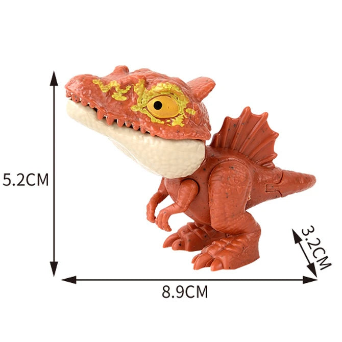 A small, reddish-orange finger dinosaur fidget toy with movable joints and a yellow eye.