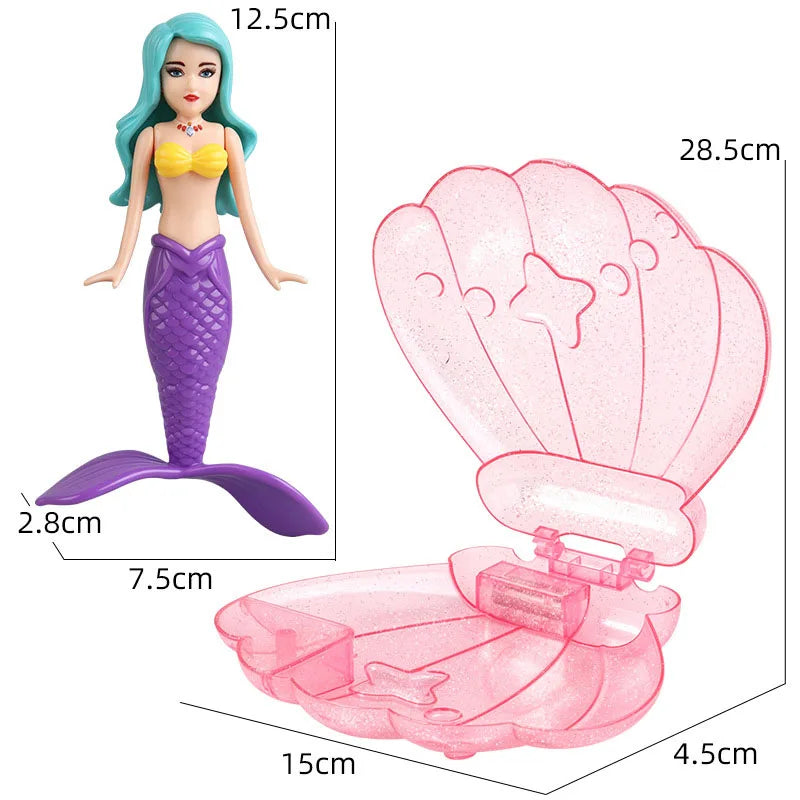 A pink mermaid bath toy featuring a figure and a large, translucent pink seashell float.