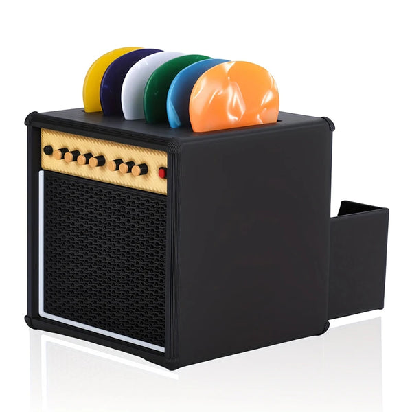 A black amplifier style guitar pick holder displaying a row of colorful picks.
