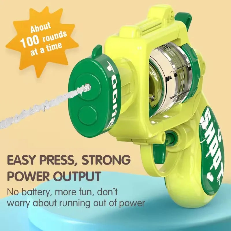 Yellow mini water blaster pistol with a green trigger and barrel, shown against a light background.