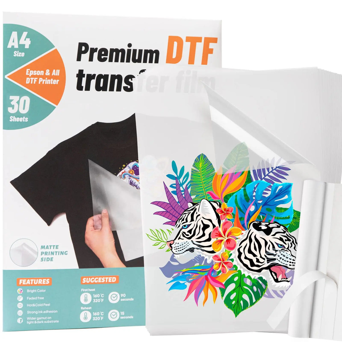 Pack of Premium DTF transfer film sheets for printing custom designs on textiles