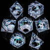 A set of six clear resin dice shaped like pyramids and hexagons with iridescent glitter inside