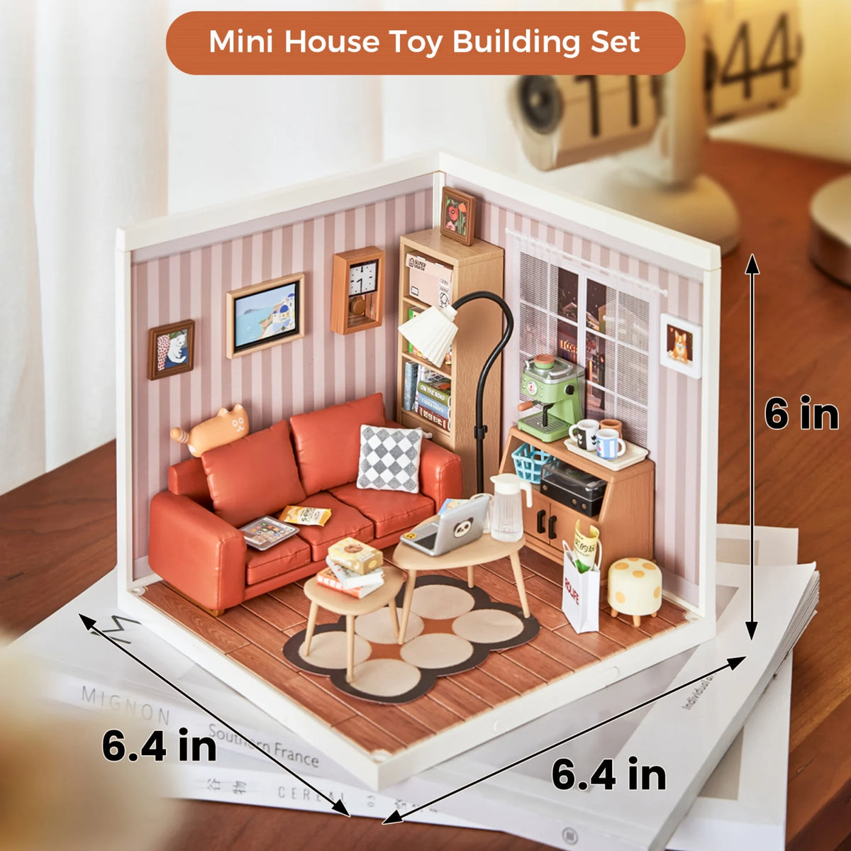 A mini house toy building set featuring a cozy living lounge interior with furniture and decorative elements.