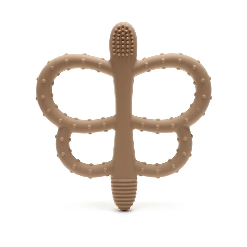 A soft silicone butterfly teether in a beige color, designed for babies.