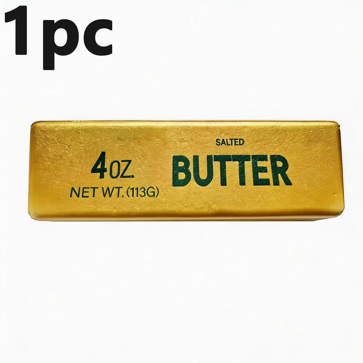 A gold butter stick with the label 4oz salted butter net wt 113g.