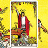 A tarot card illustration titled The Magician featuring a figure standing over a table with tools and symbols.