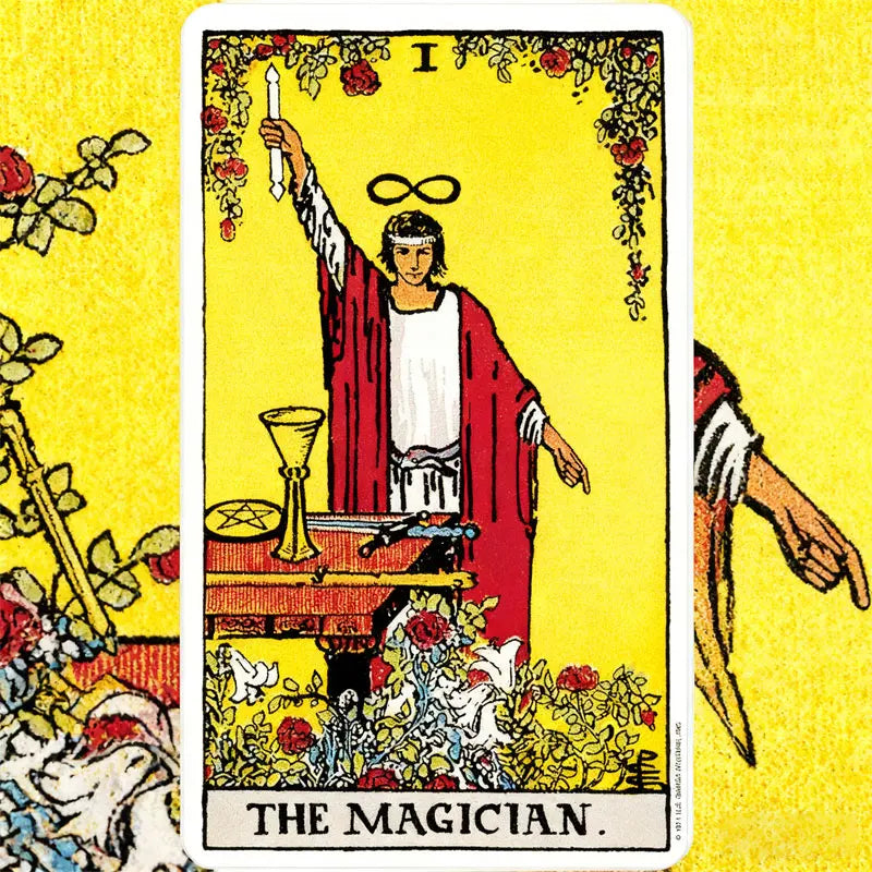 A tarot card illustration titled The Magician featuring a figure standing over a table with tools and symbols.