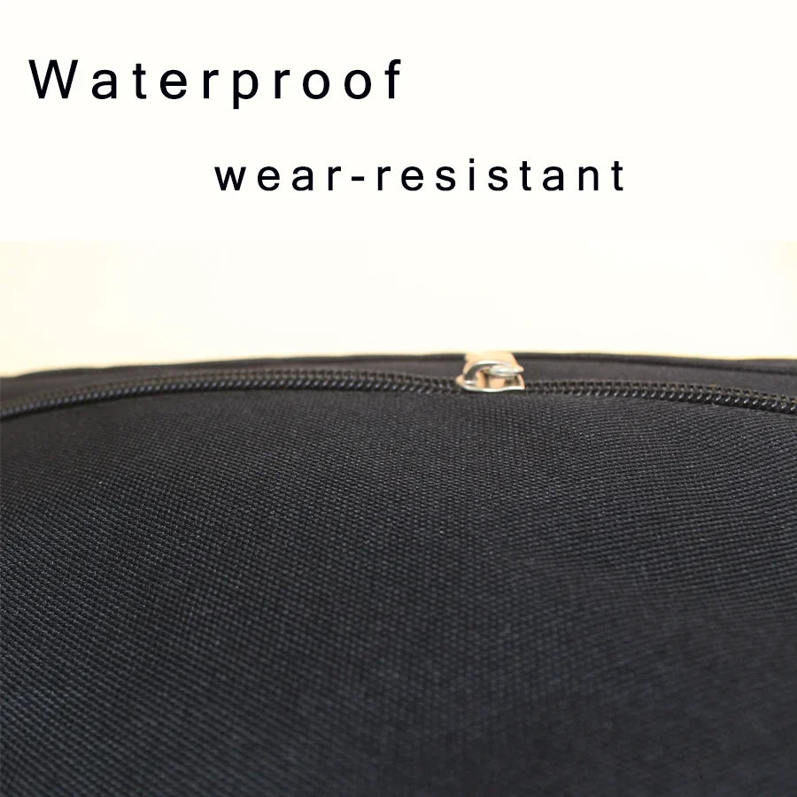 Close-up of a black waterproof and wear-resistant fabric bag with a zipper detail.