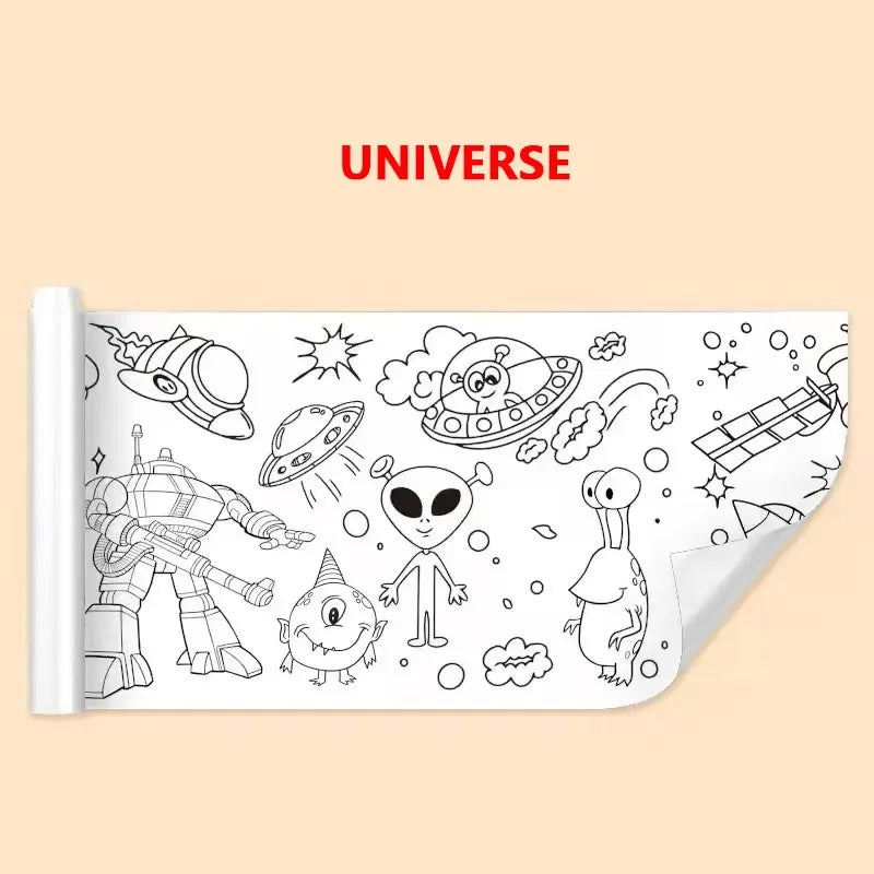 A roll of white sticky coloring paper featuring various space-themed drawings like aliens and rockets.