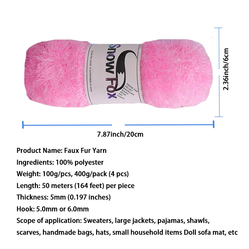 Pink faux fur yarn skein measuring 7.87 inches long and 5mm thick for knitting projects